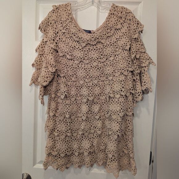 Roamans Womens Plus Size 14/16 Tiered Crochet Sweater Short Sleeve Boho Shirt - Picture 3 of 8